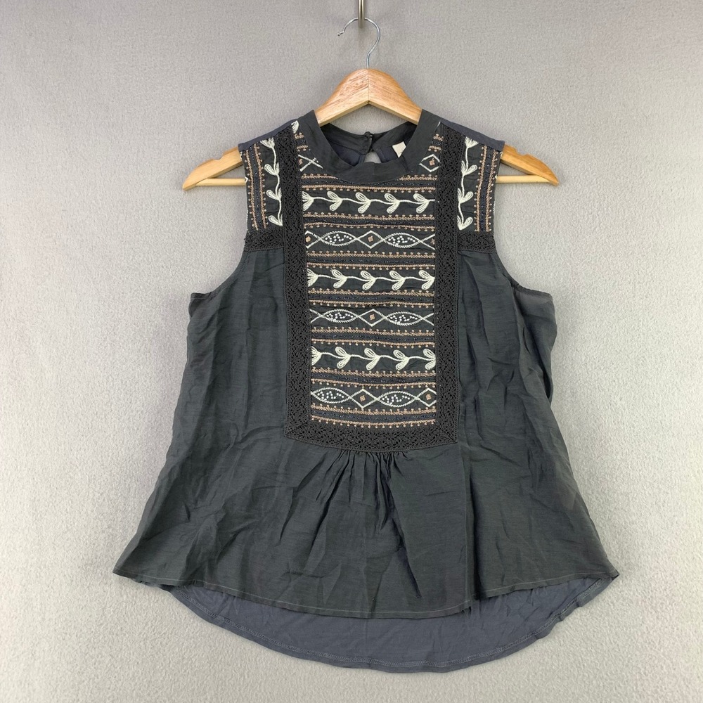 TINY Anthropologie Embroidered Silk Blend Tank Top Womens XS Grey Boho Peplum